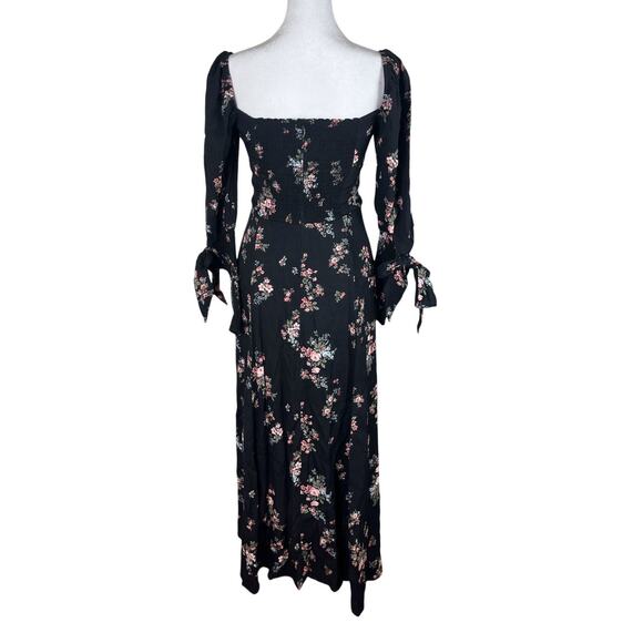 Reformation Aubrey Black Floral Print Midi Dress Tied Cuff Sleeves Slit Size 0 - Picture 5 of 10